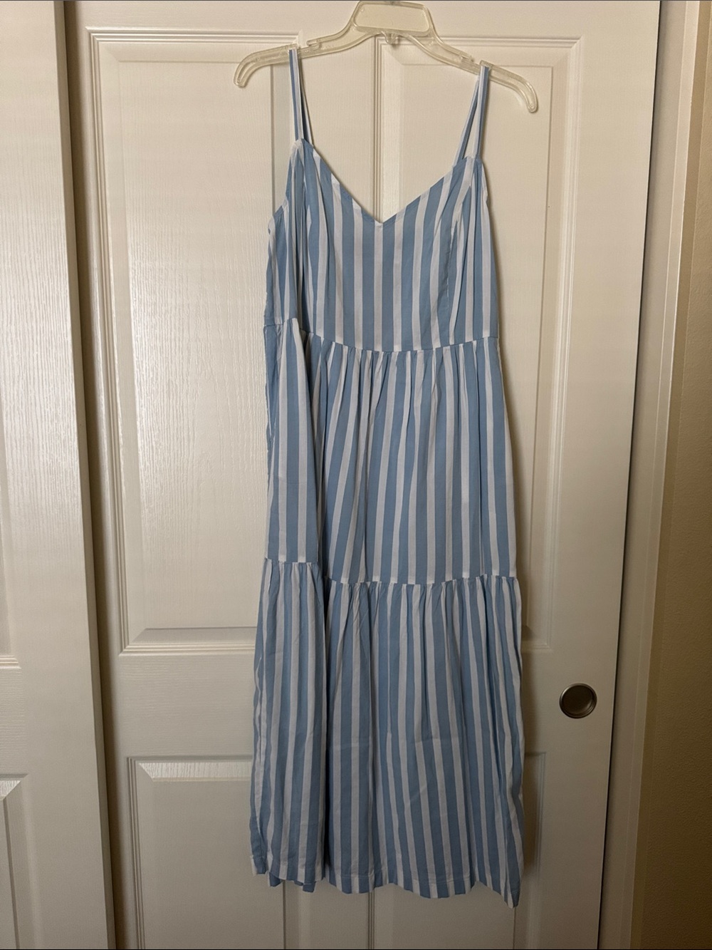 Blue and White Striped Spaghetti Adjustable Strap Maxi Dress